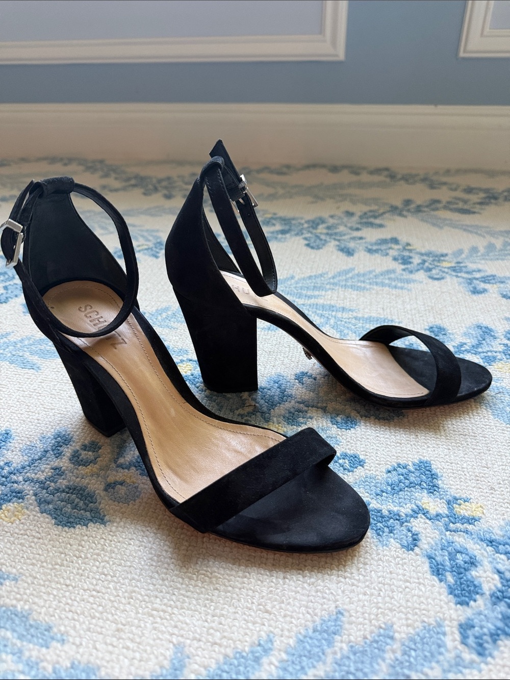 SCHUTZ Black Suede Ankle-Strap Block Heels